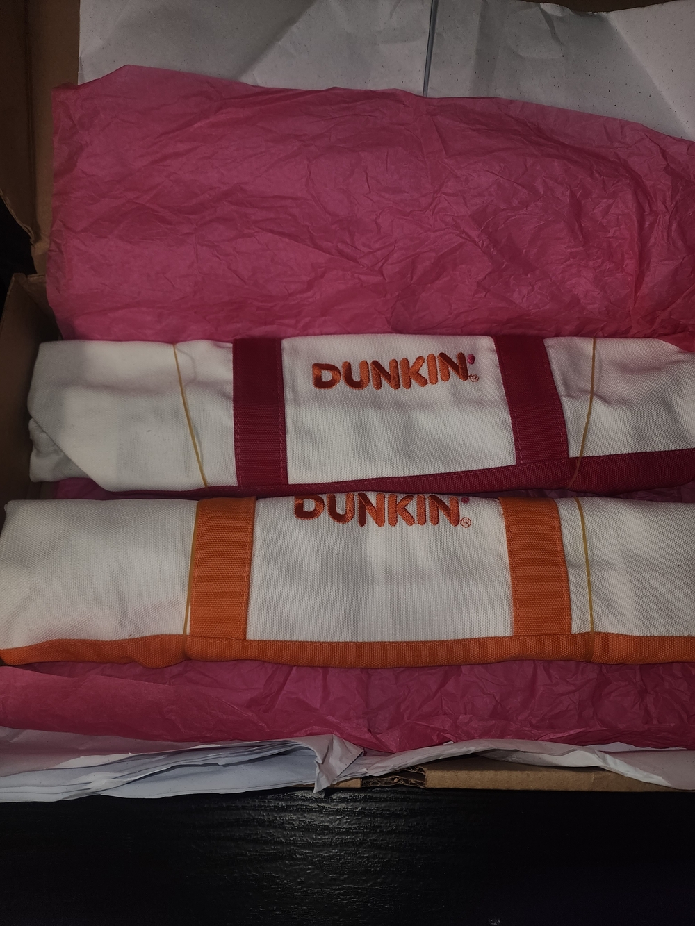 2 New Dunkin Tote Bags - White with Pink or White with Orange NEVER OPENED